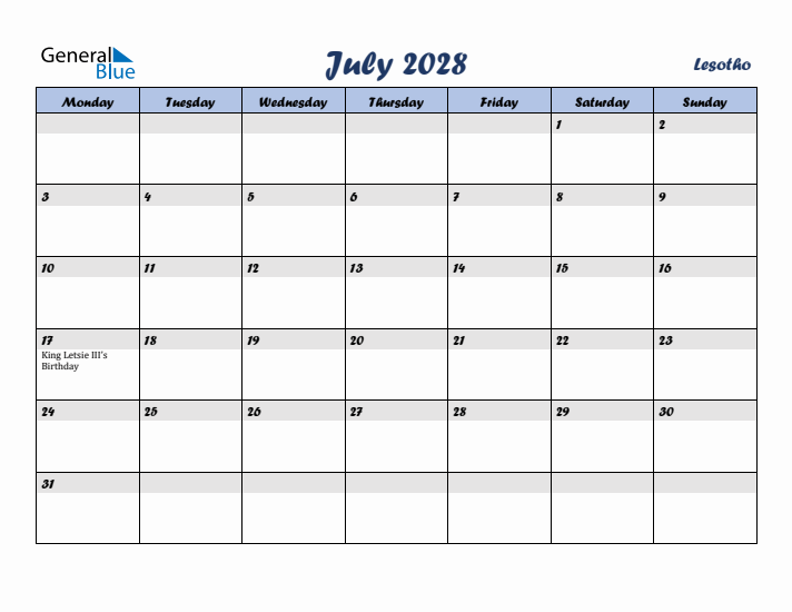 July 2028 Calendar with Holidays in Lesotho