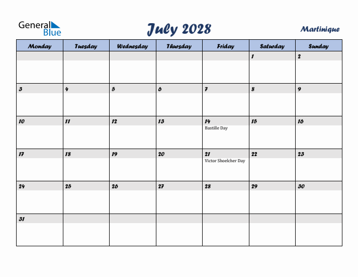 July 2028 Calendar with Holidays in Martinique