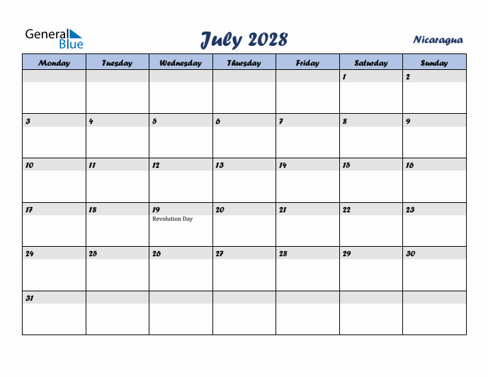 July 2028 Calendar with Holidays in Nicaragua