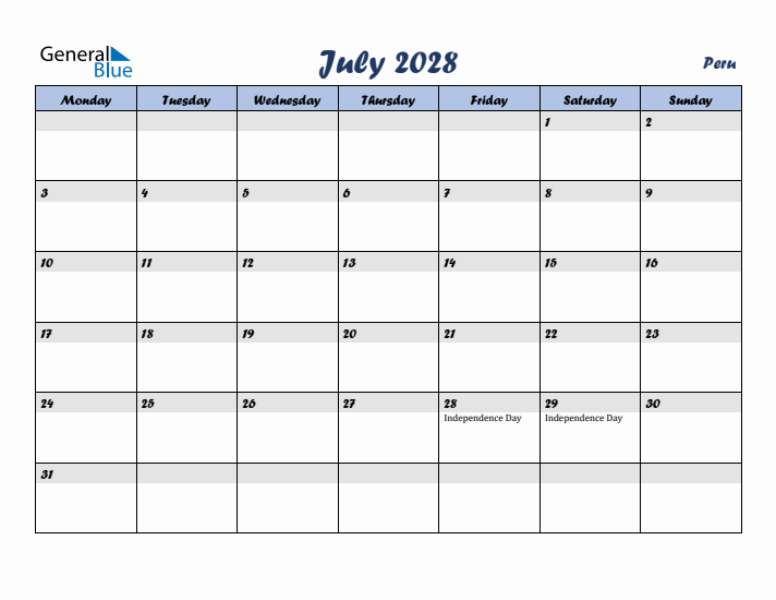 July 2028 Calendar with Holidays in Peru
