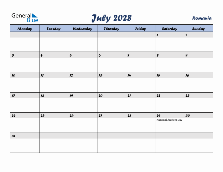 July 2028 Calendar with Holidays in Romania