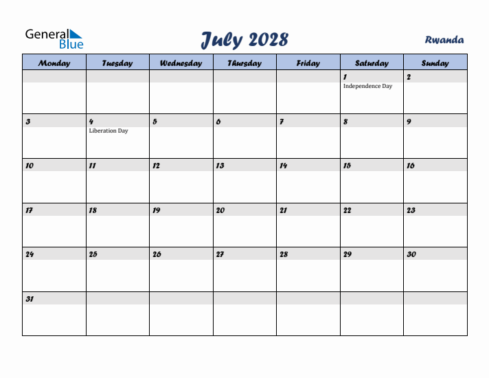 July 2028 Calendar with Holidays in Rwanda
