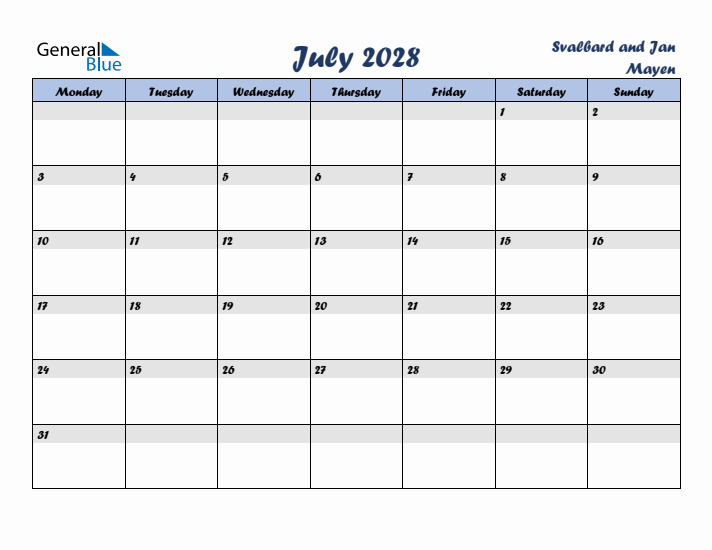 July 2028 Calendar with Holidays in Svalbard and Jan Mayen