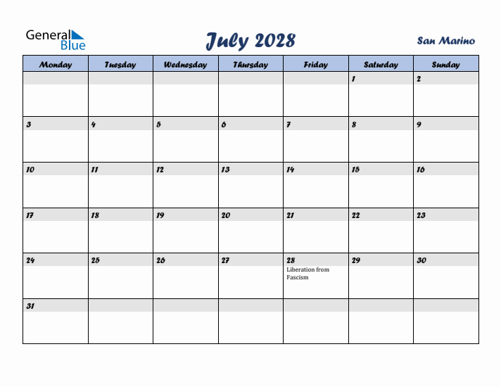 July 2028 Calendar with Holidays in San Marino