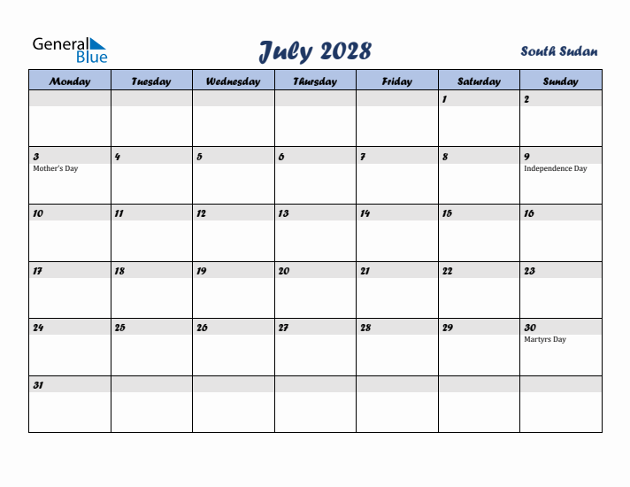 July 2028 Calendar with Holidays in South Sudan