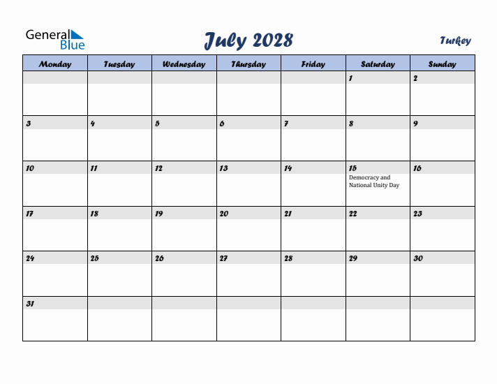 July 2028 Calendar with Holidays in Turkey