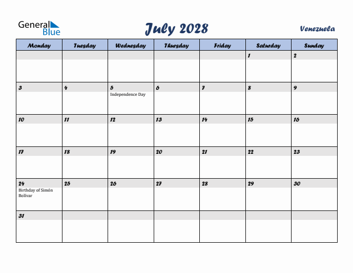July 2028 Calendar with Holidays in Venezuela