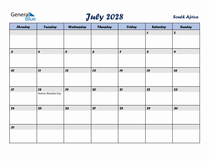 July 2028 Calendar with Holidays in South Africa