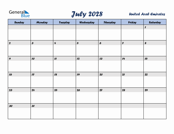 July 2028 Calendar with Holidays in United Arab Emirates