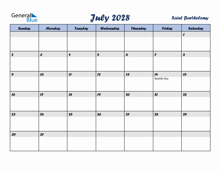 July 2028 Calendar with Holidays in Saint Barthelemy