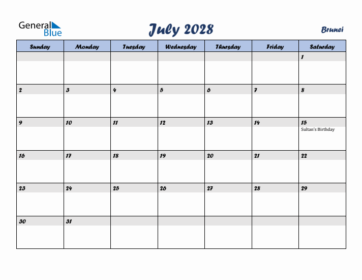 July 2028 Calendar with Holidays in Brunei