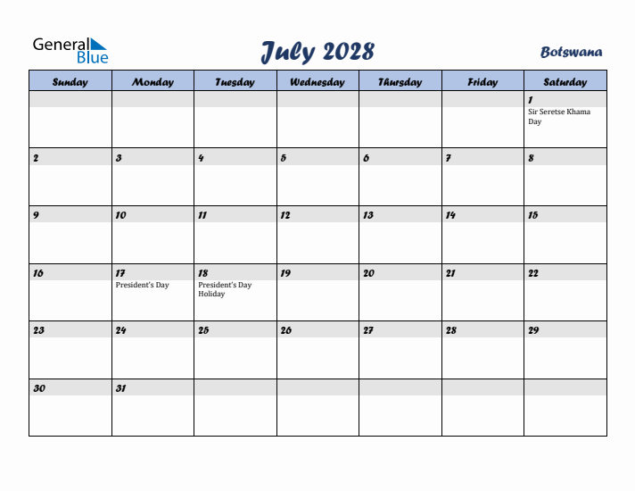 July 2028 Calendar with Holidays in Botswana