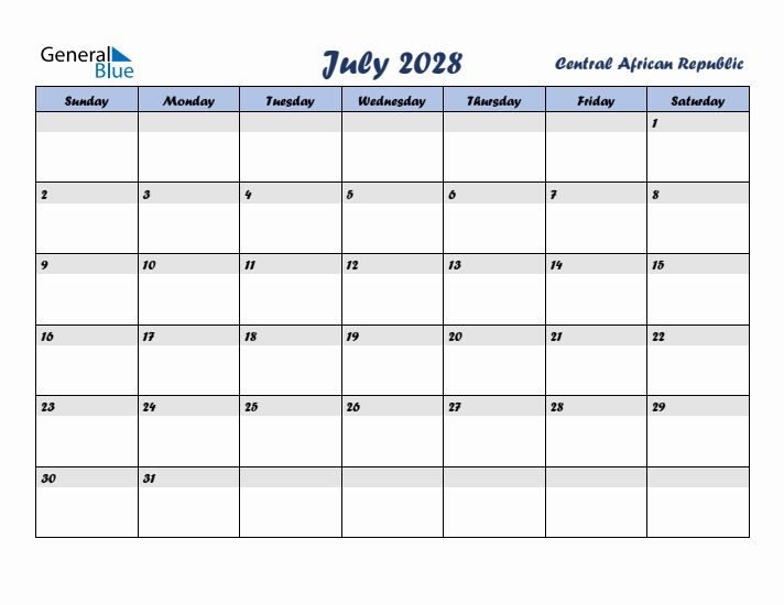 July 2028 Calendar with Holidays in Central African Republic