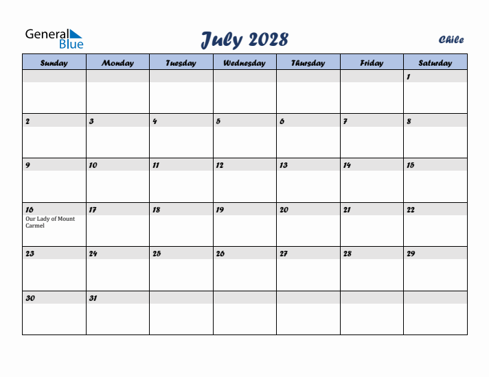 July 2028 Calendar with Holidays in Chile