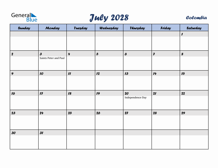 July 2028 Calendar with Holidays in Colombia
