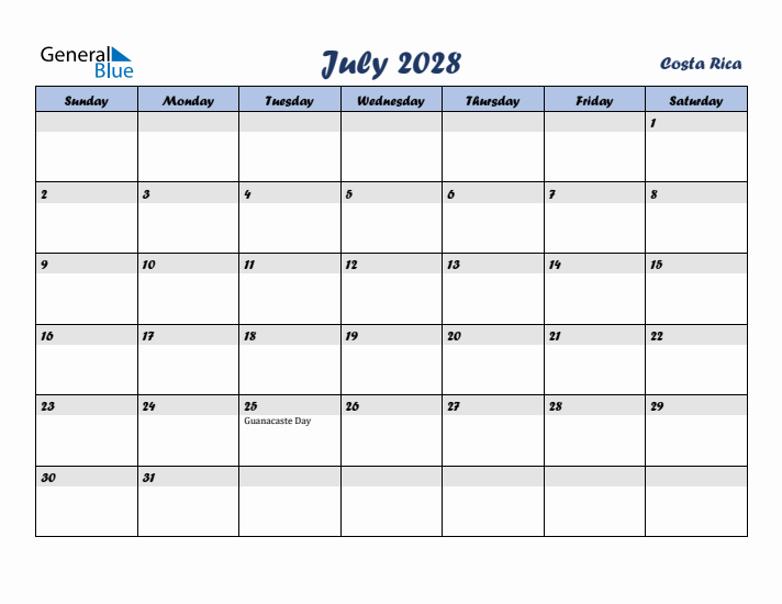 July 2028 Calendar with Holidays in Costa Rica