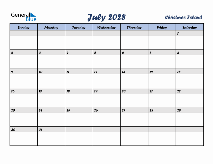 July 2028 Calendar with Holidays in Christmas Island