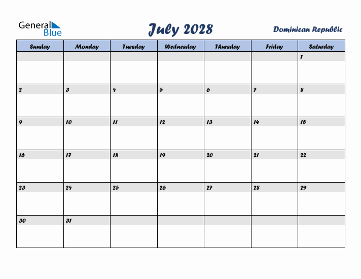 July 2028 Calendar with Holidays in Dominican Republic