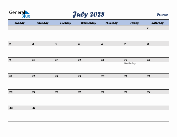 July 2028 Calendar with Holidays in France