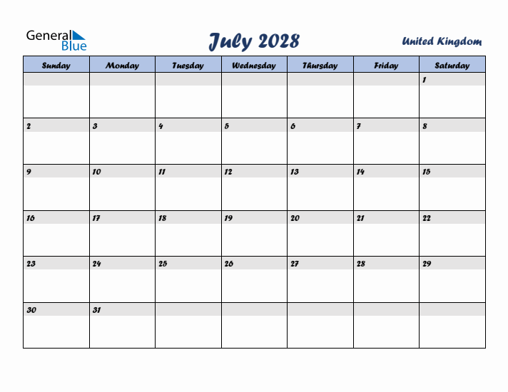 July 2028 Calendar with Holidays in United Kingdom