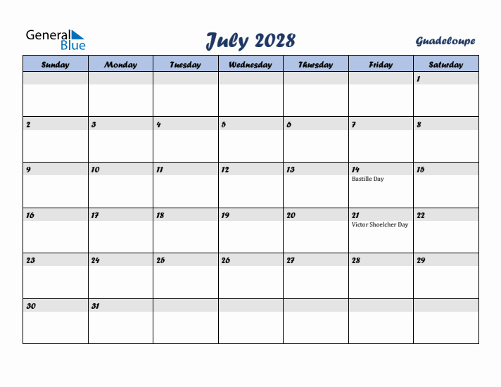 July 2028 Calendar with Holidays in Guadeloupe