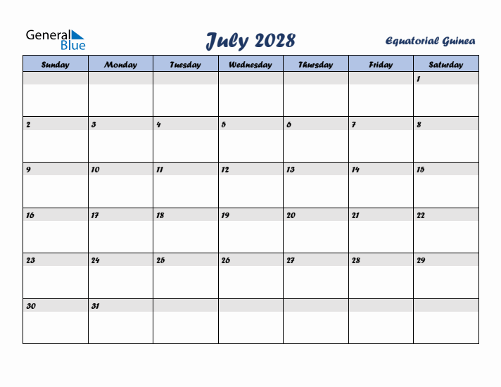 July 2028 Calendar with Holidays in Equatorial Guinea