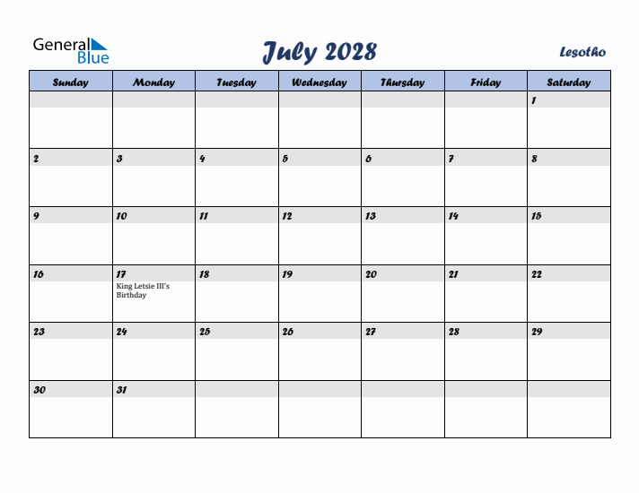 July 2028 Calendar with Holidays in Lesotho