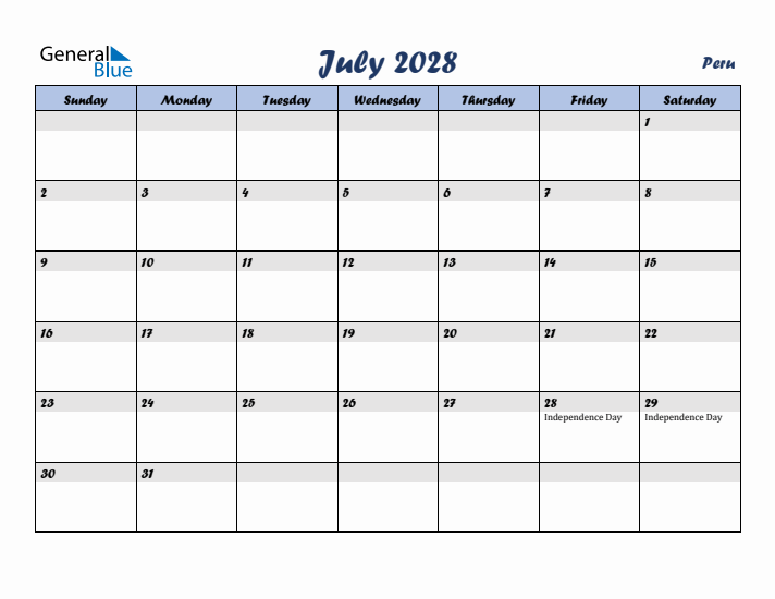 July 2028 Calendar with Holidays in Peru