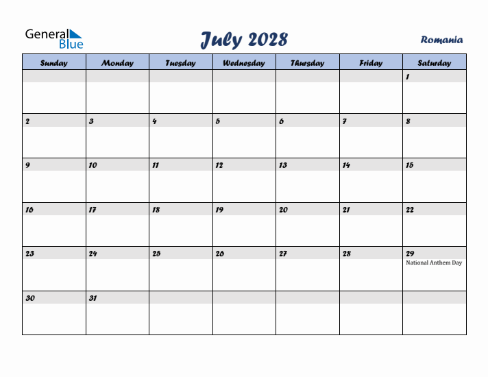 July 2028 Calendar with Holidays in Romania