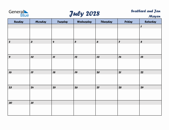 July 2028 Calendar with Holidays in Svalbard and Jan Mayen