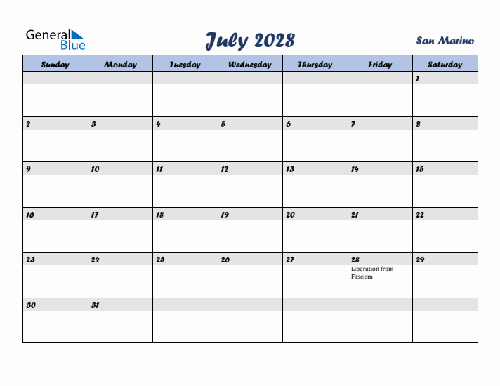 July 2028 Calendar with Holidays in San Marino