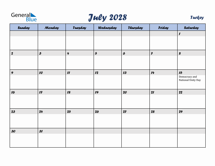 July 2028 Calendar with Holidays in Turkey
