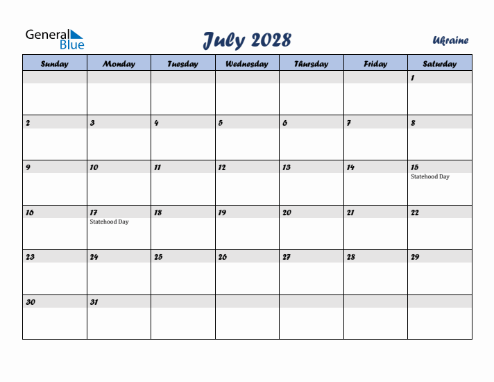 July 2028 Calendar with Holidays in Ukraine