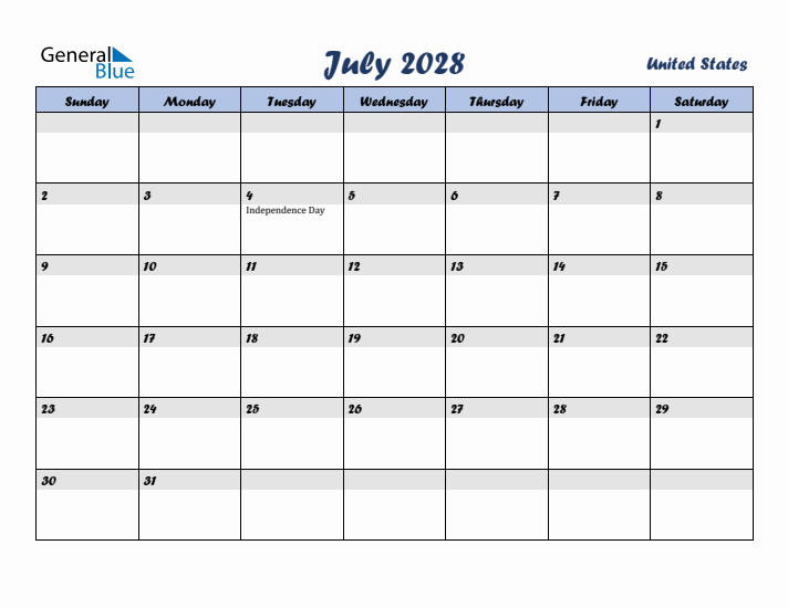 July 2028 Calendar with Holidays in United States