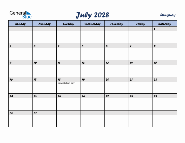 July 2028 Calendar with Holidays in Uruguay