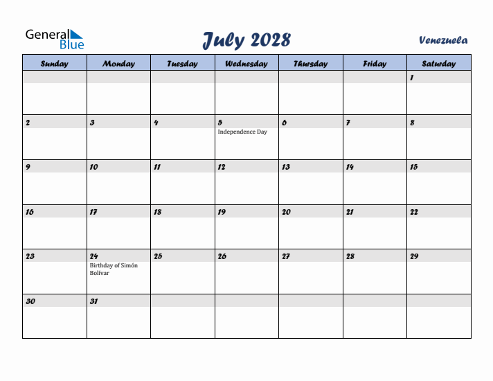 July 2028 Calendar with Holidays in Venezuela