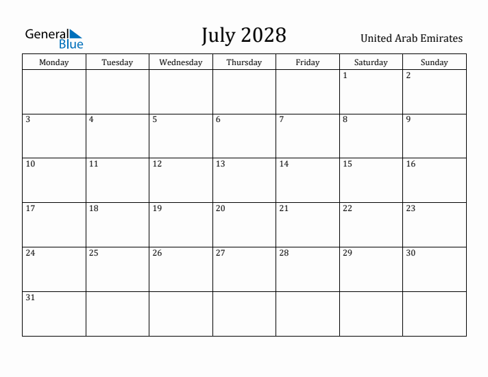 July 2028 Calendar United Arab Emirates