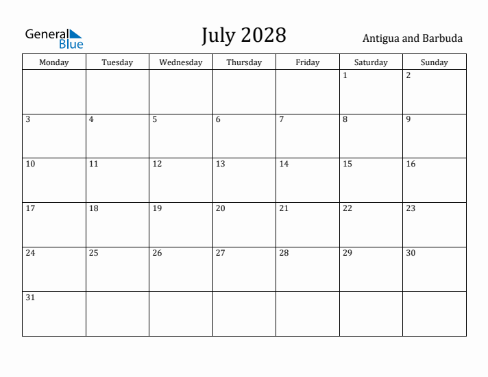 July 2028 Calendar Antigua and Barbuda