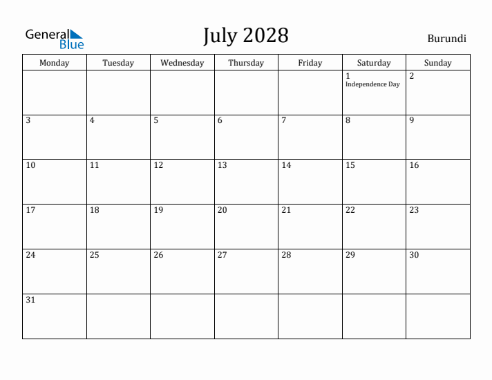 July 2028 Calendar Burundi