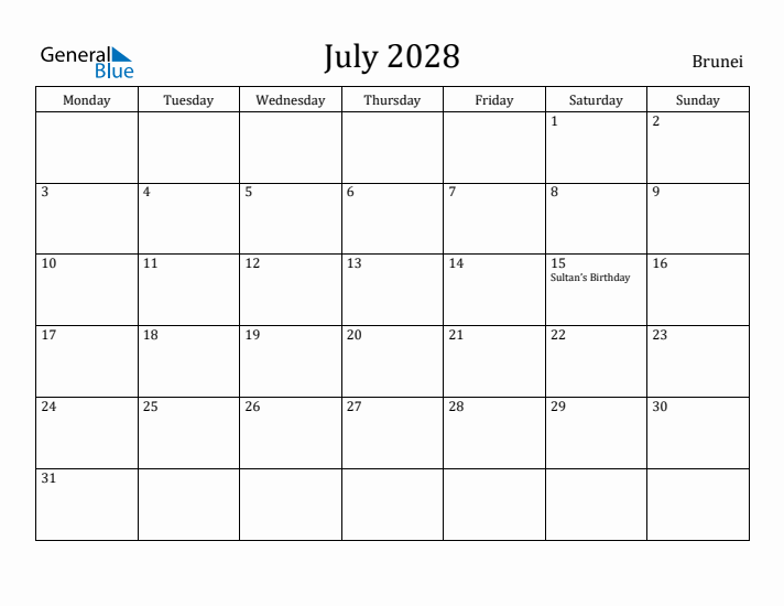 July 2028 Calendar Brunei