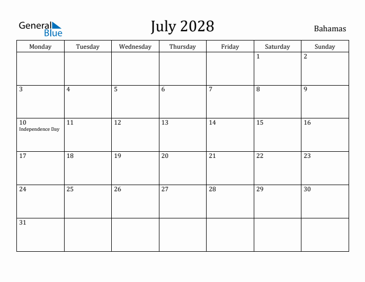 July 2028 Calendar Bahamas