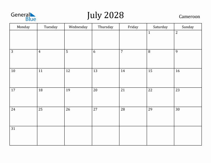 July 2028 Calendar Cameroon