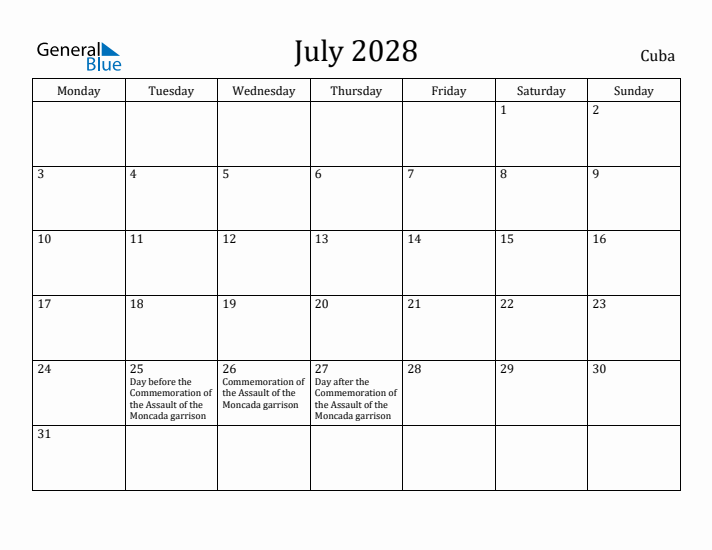 July 2028 Calendar Cuba