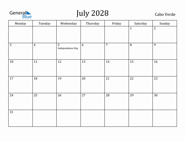 July 2028 Calendar Cabo Verde