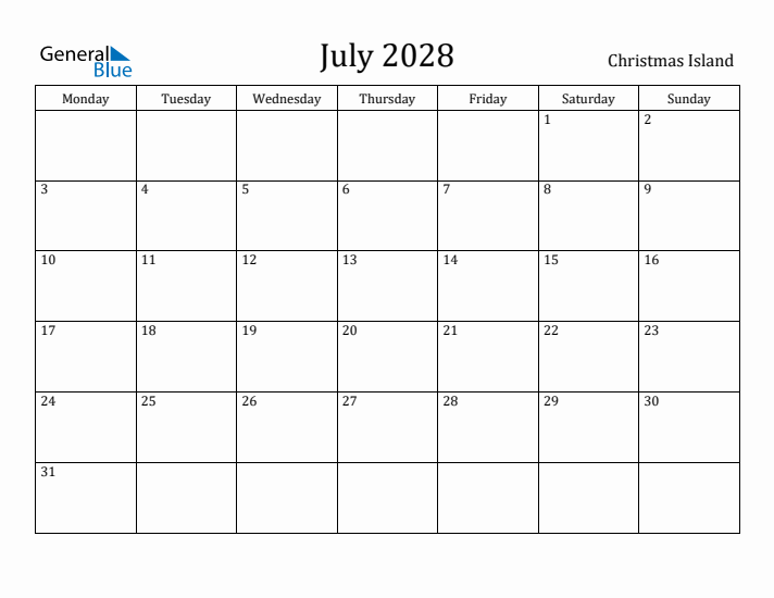 July 2028 Calendar Christmas Island