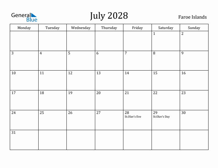 July 2028 Calendar Faroe Islands