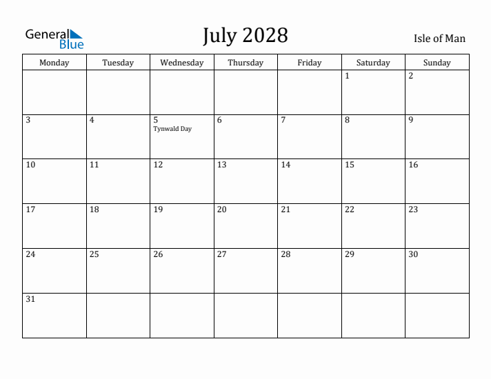 July 2028 Calendar Isle of Man