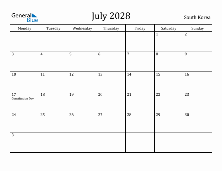 July 2028 Calendar South Korea