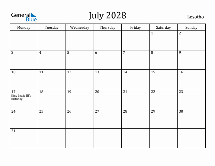 July 2028 Calendar Lesotho