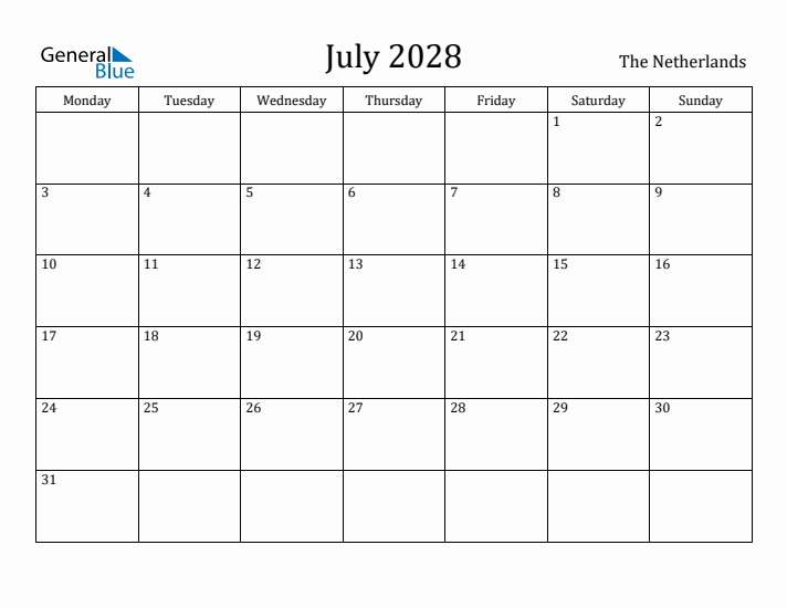 July 2028 Calendar The Netherlands